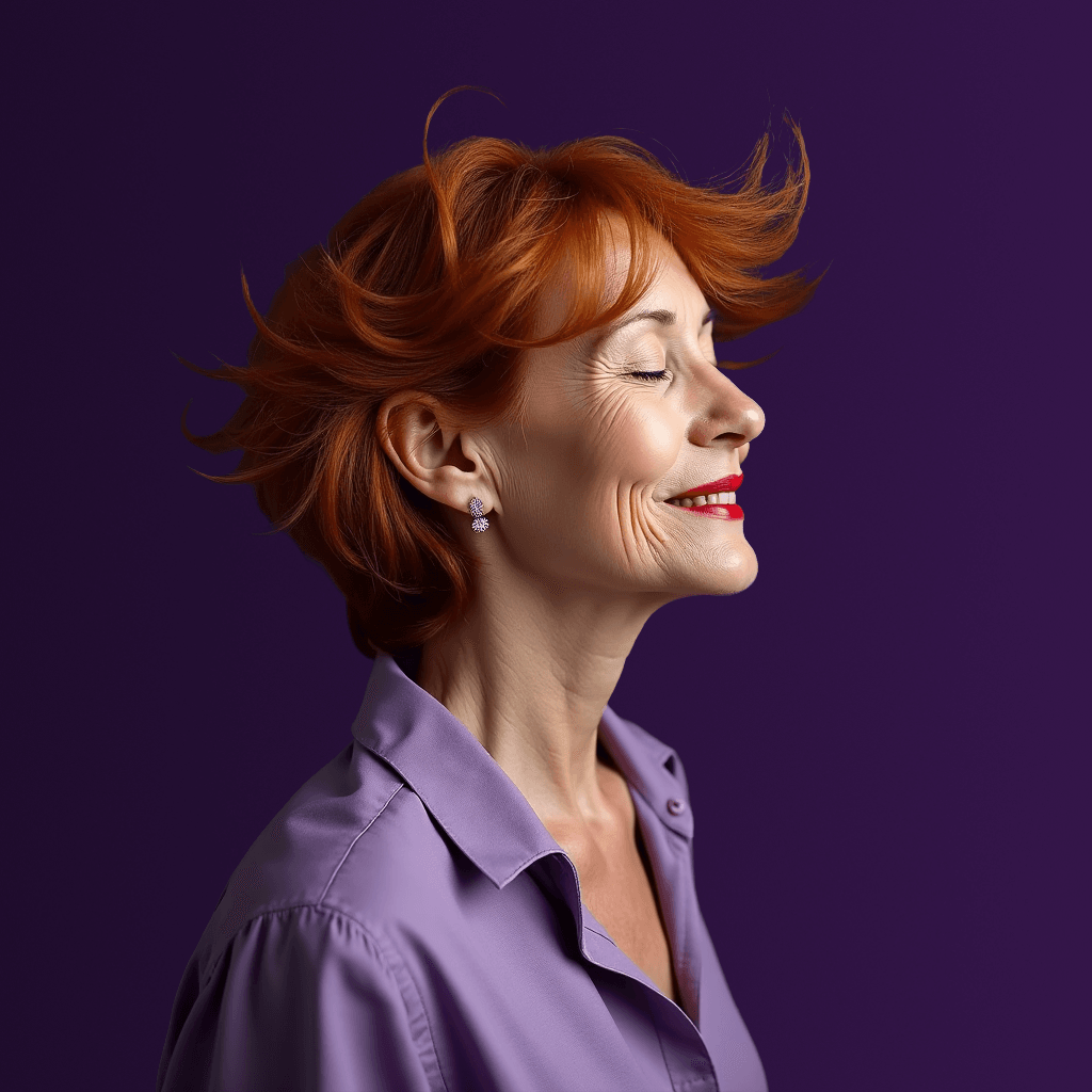 Een vrouw met rood haar draagt ​​een paars shirt en rode lippenstift.