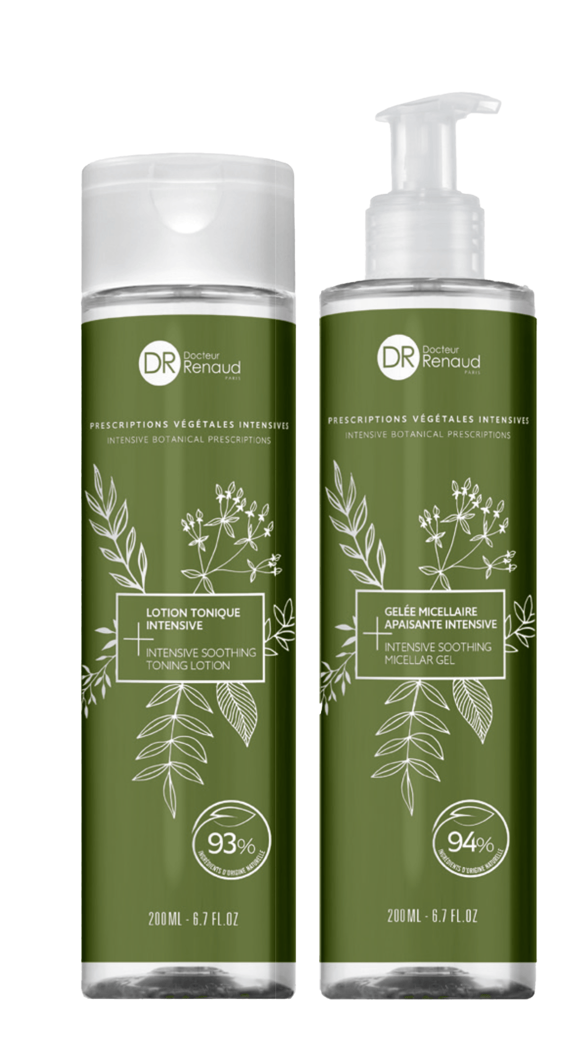 Twee flessen shampoo en conditioner staan ​​naast elkaar op een witte achtergrond.