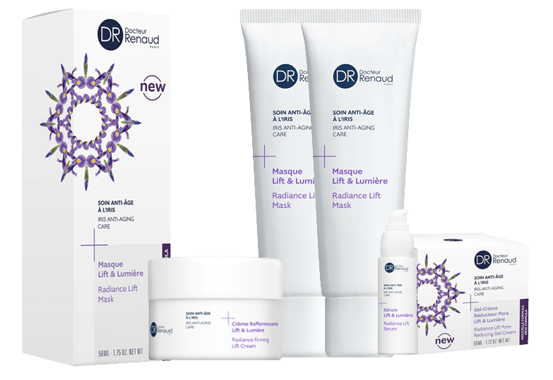 Een groep flessen en een doos met cosmetica op een witte achtergrond.