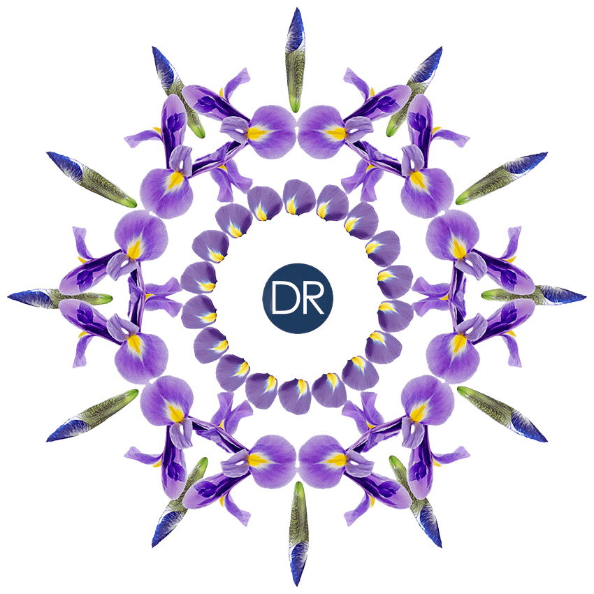 Een caleidoscoop van paarse bloemen met een dr-logo in het midden