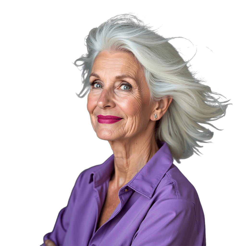 Een vrouw met grijs haar draagt ​​een paars shirt