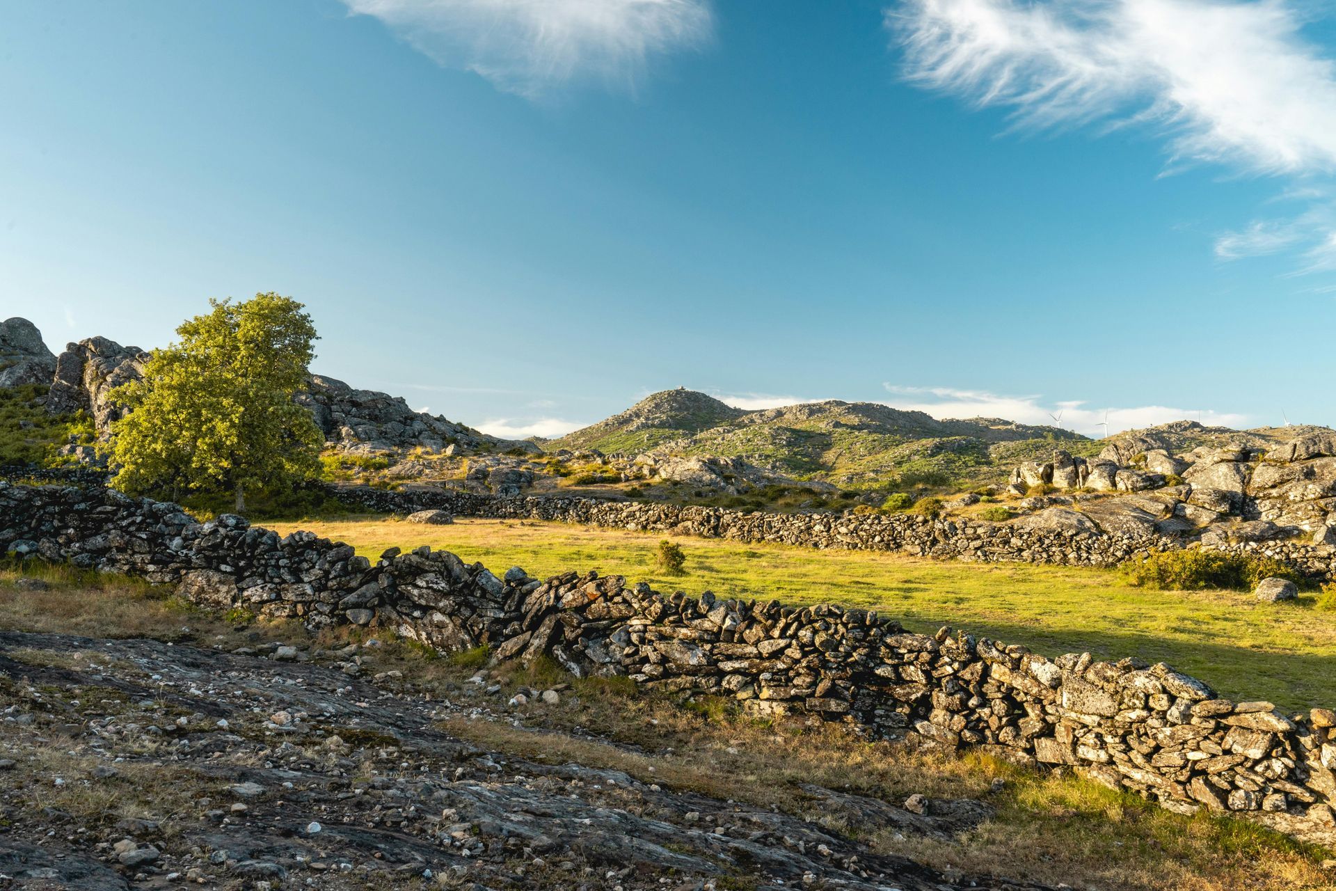 Een stenen muur midden in een veld met bergen op de achtergrond.