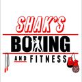 Logo for Shak's Boxing and Fitness: Red and black text with a boxing figure and equipment like gloves and a jump rope.