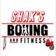 Logo for Shak's Boxing and Fitness: Red and black text with a boxing figure and equipment like gloves and a jump rope.