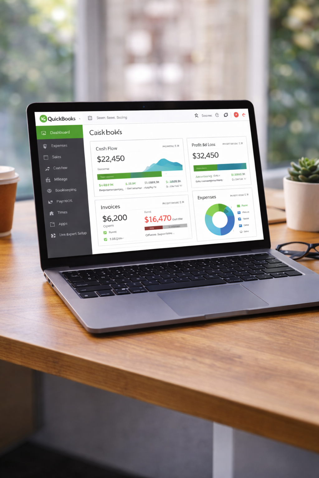 QuickBooks Online dashboard showing Cash Flow, Profit and Loss, Invoices, and Expenses on a laptop