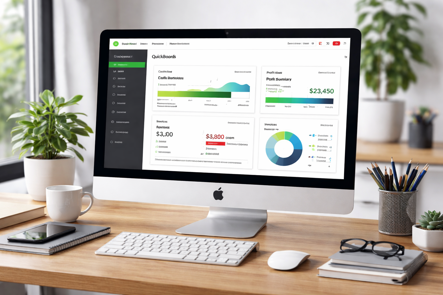 Desktop computer displaying a business dashboard with charts and data, on a wooden desk.
