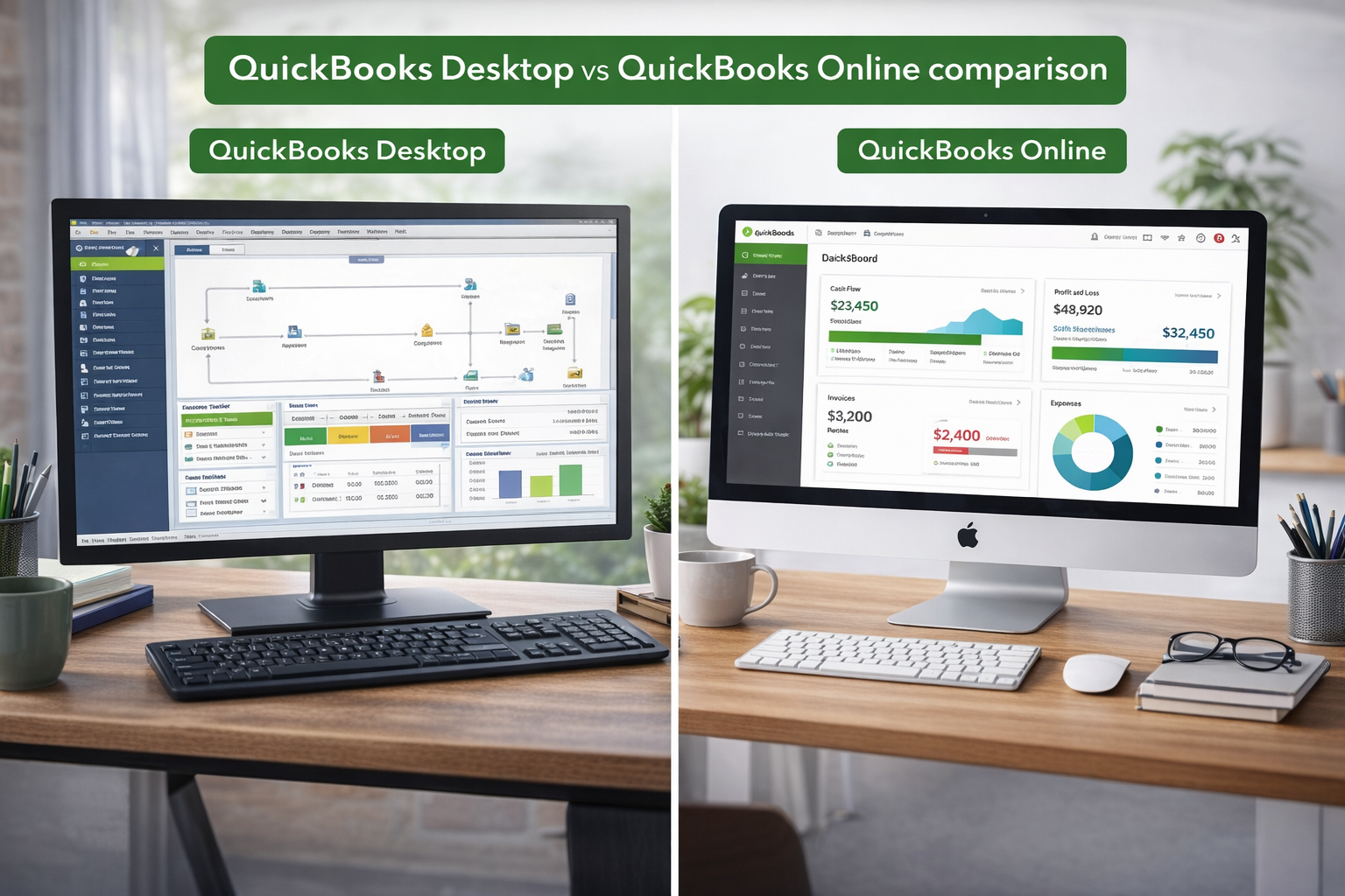 Comparison of QuickBooks Desktop vs. QuickBooks Online; displays of accounting software on computer screens.