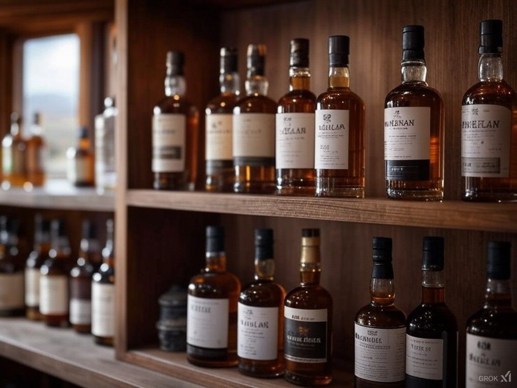 De nombreuses bouteilles de whisky sont alignées sur une étagère en bois