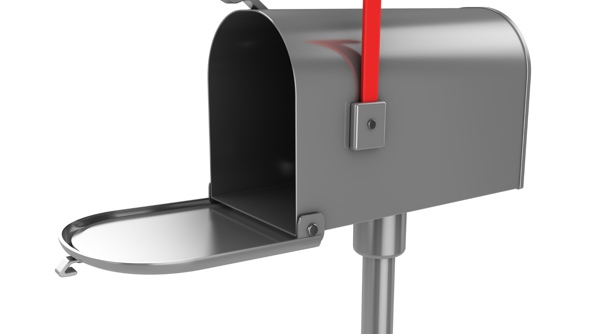 Silver mailbox with open door and red flag raised on a white background.