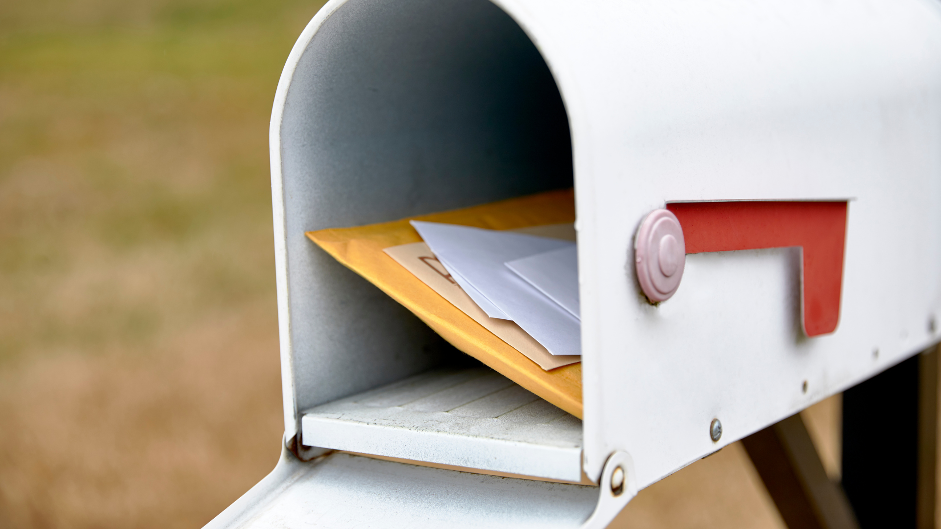White mailbox with mail inside, red flag up, set against a blurred outdoor background.