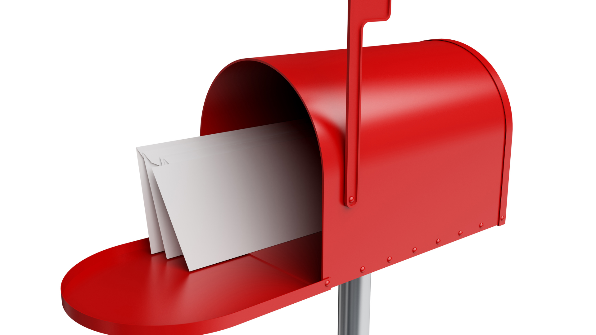Red mailbox with open door, holding white envelopes.