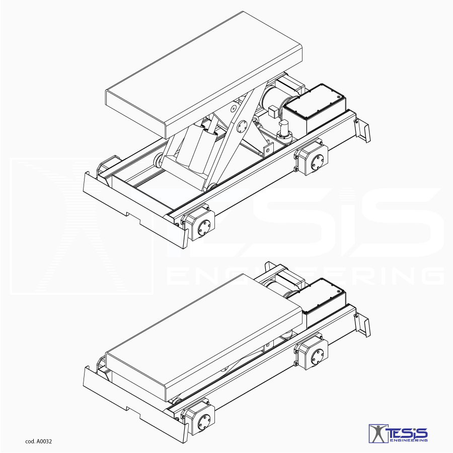 Powered mobile lift table, rail guided lif table