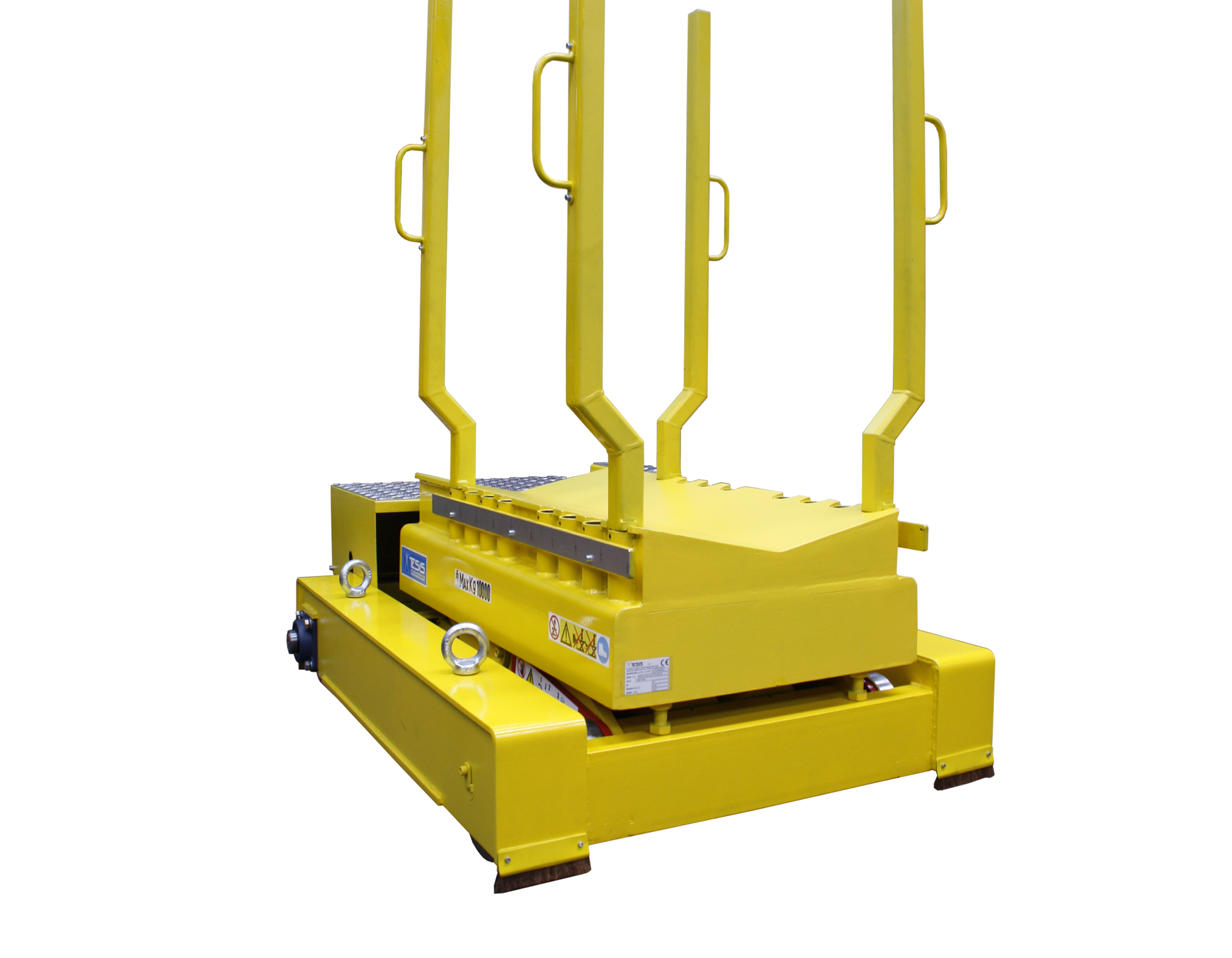 Lift table for handling coils and reels, lifting table with adjustable coil holders, scissor platform lift for cylindrical loads, coil transfer car, self-propelled scissor lift