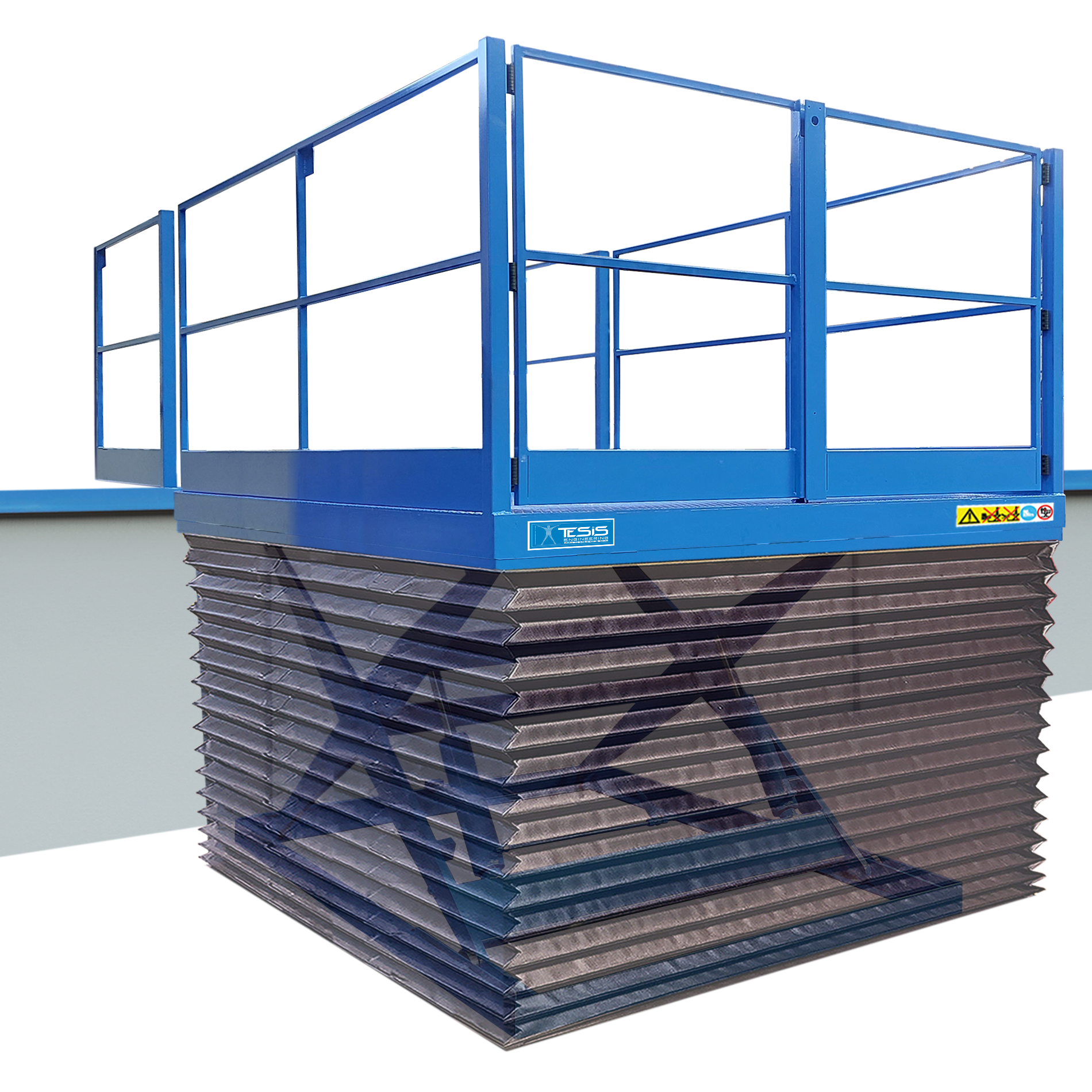 Pit mounted scissor lift table for  with fixed parapet and double access gate, lifting platforms for loading docks, scissor dock lifts, loading dock lifts, good lifts