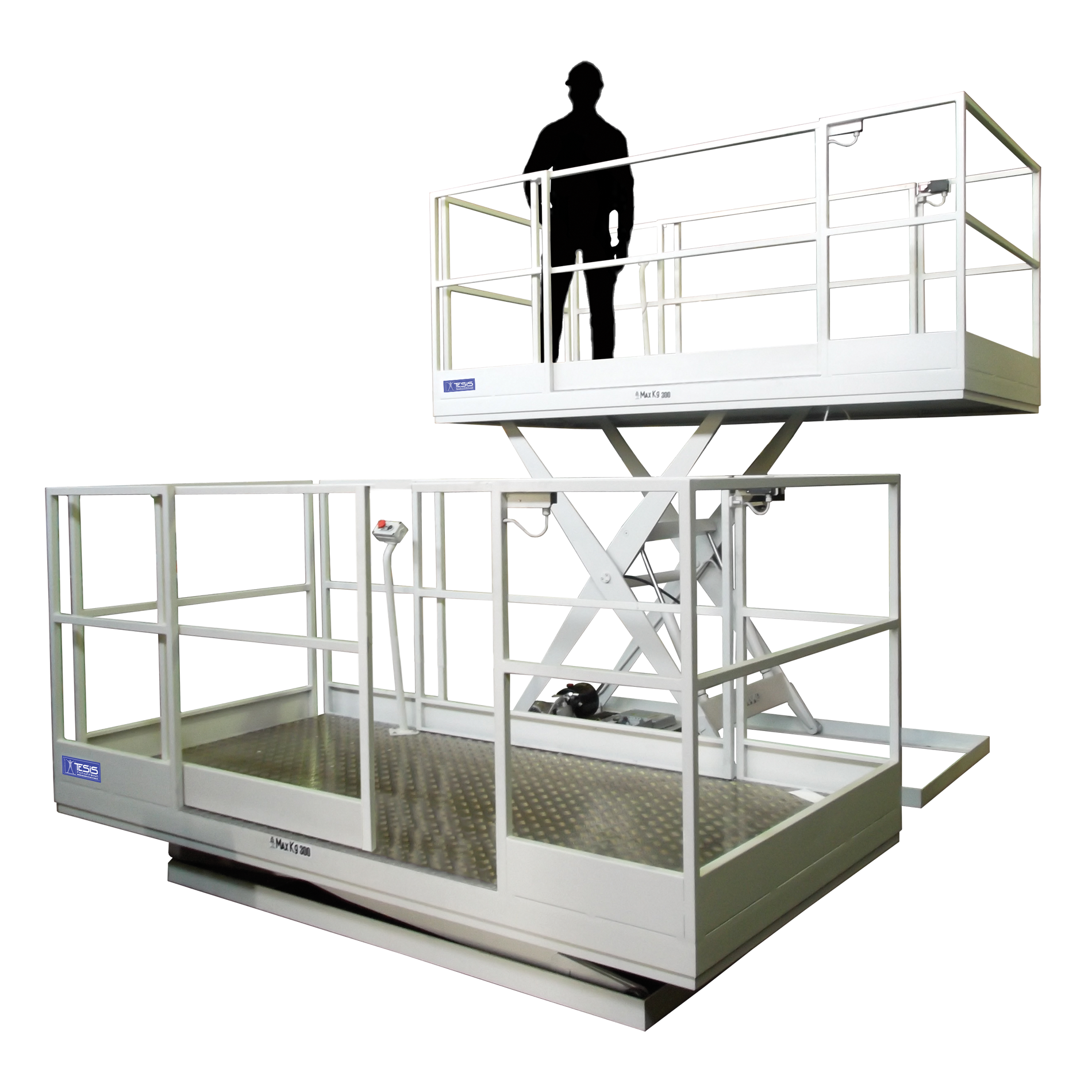 Elevating work platform for fixed workstation with guradrails and slide opening access gate - carousel scissor lifts - worker elevating platforms - worker scissor lifts - carousel lift tables