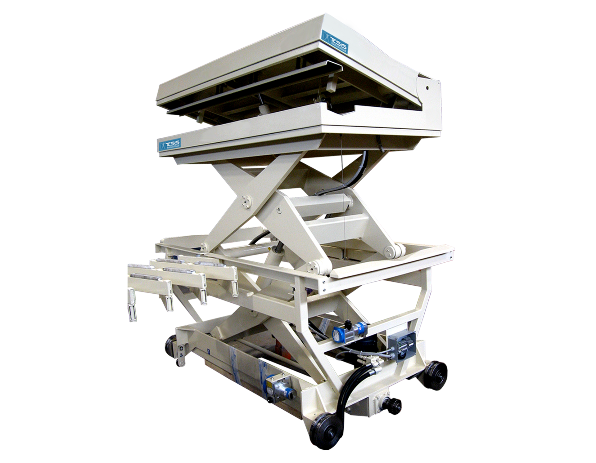 Mobile double scissor lift platform with tiltable top, customized multiple pantograph lifting tables, customized mobile lift and tilt tables
