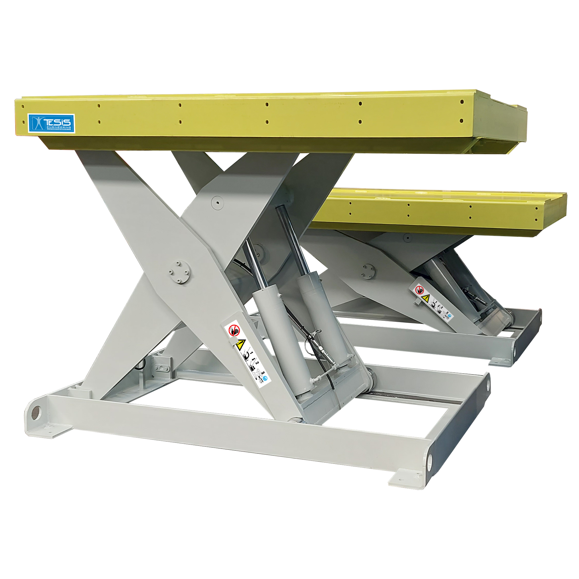 Heavy duty lift table with side walkways bolted to the platform - industrial platform lifts - hydraulic lifting tables 