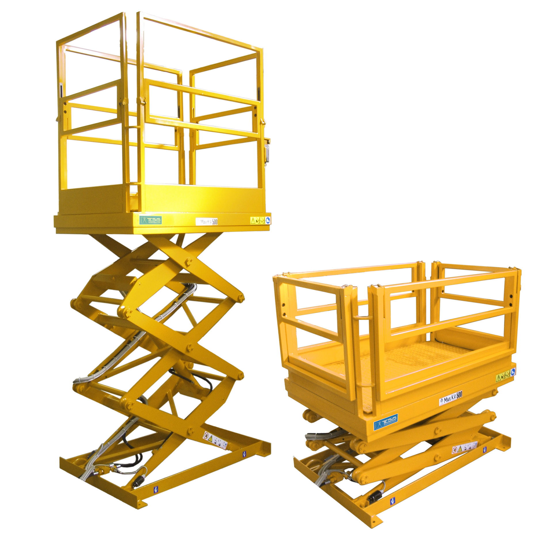Elevating work platform for fixed workstation with height-adjustable guardrails - carousel scissor lifts - worker elevating platforms - worker scissor lifts - carousel lift tables