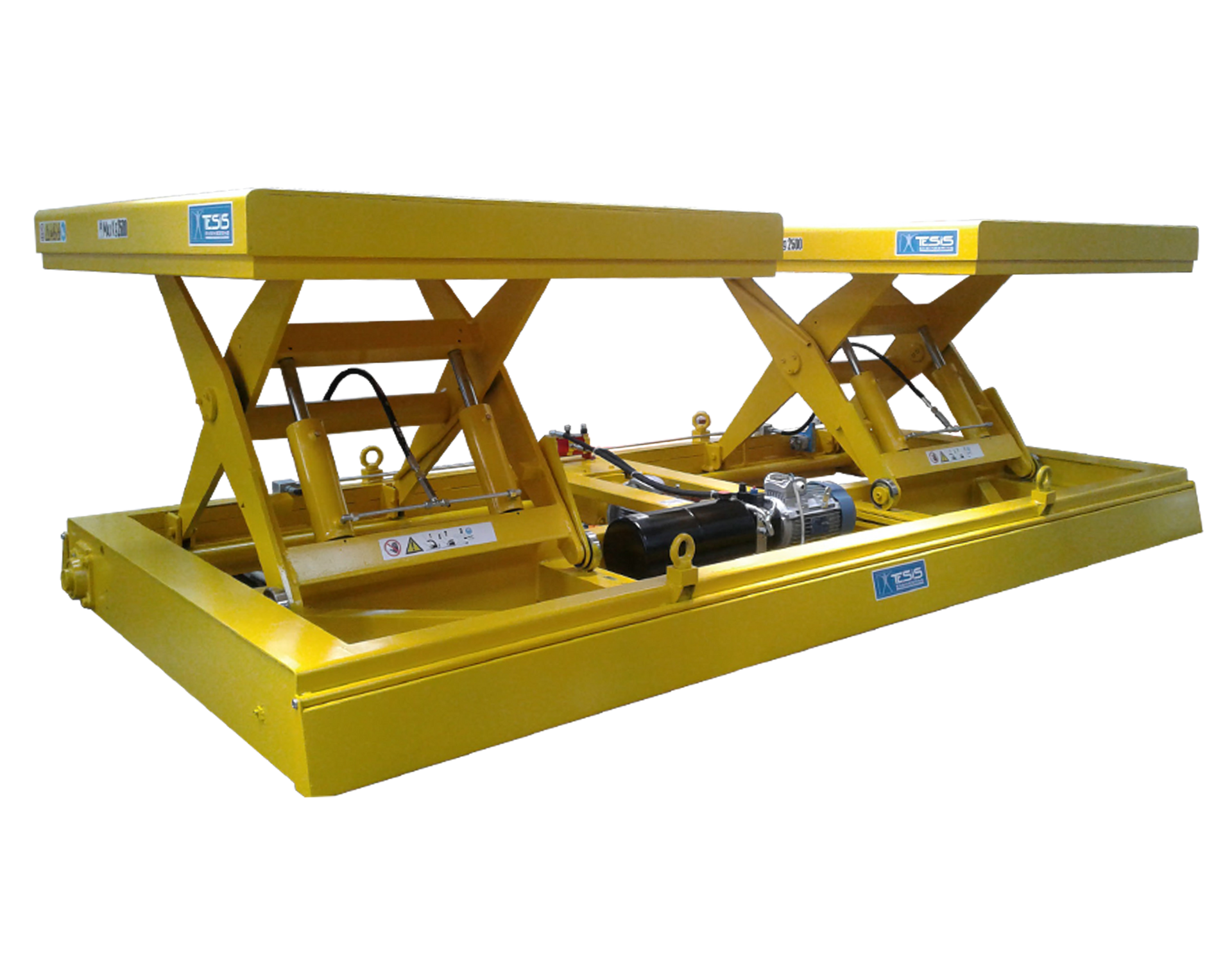 Self-propelled lifting platform with double independent lift tables, customized tandem scissor lift tables, motorized transfer car with double scissor lift