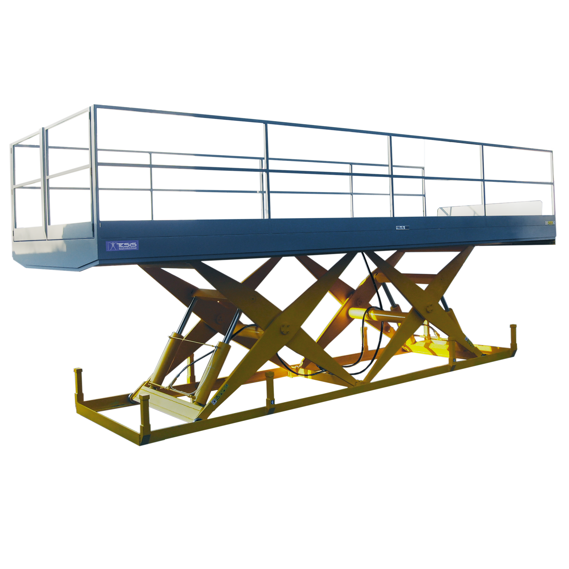Lifting table for loading and unloading trucks with motorized approach ramp guardrails, lifting platforms for loading vehicles, loading dock lifts, loading dock lift tables, truck loading platform lifts, scissor dock lifts, scissor lift dock levellers
