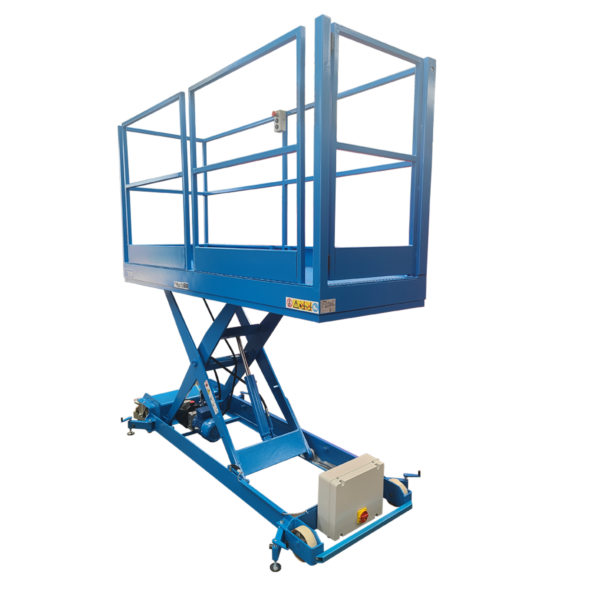 Mobile elevating worker platform lift  with access gate and guard rails - Mobile worker platforms - worker platform lifts - carousel platform lifts - elevating platforms - worker scissor lifts- personnel lifts - lift tables for workers