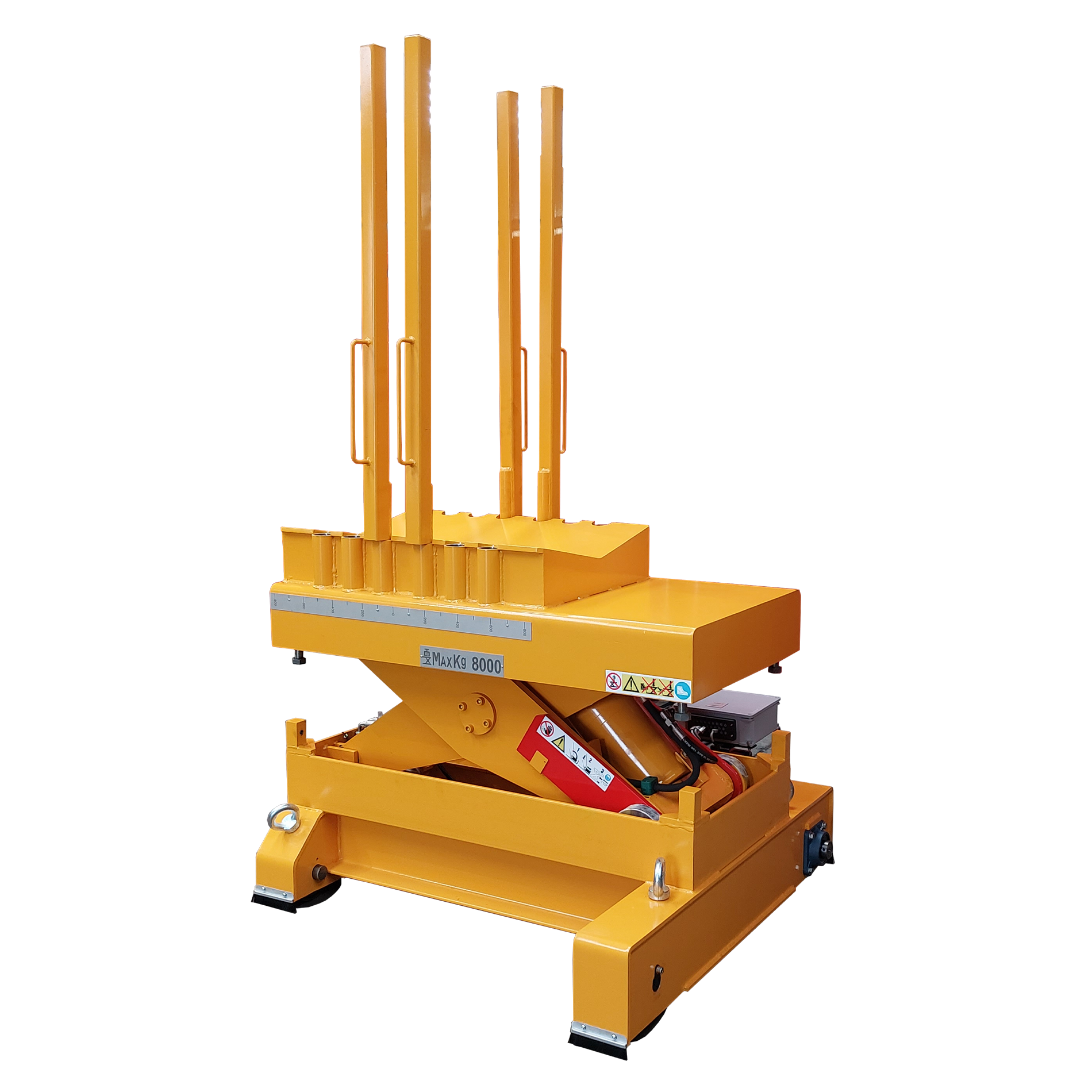 Lifting table with powered lateral traverse and cradle top for coils with adjustable anti-fall stops - coil cars - coil transfer cars - coil handling - roll handling - coil lifting equipment - special industrial platform lifts