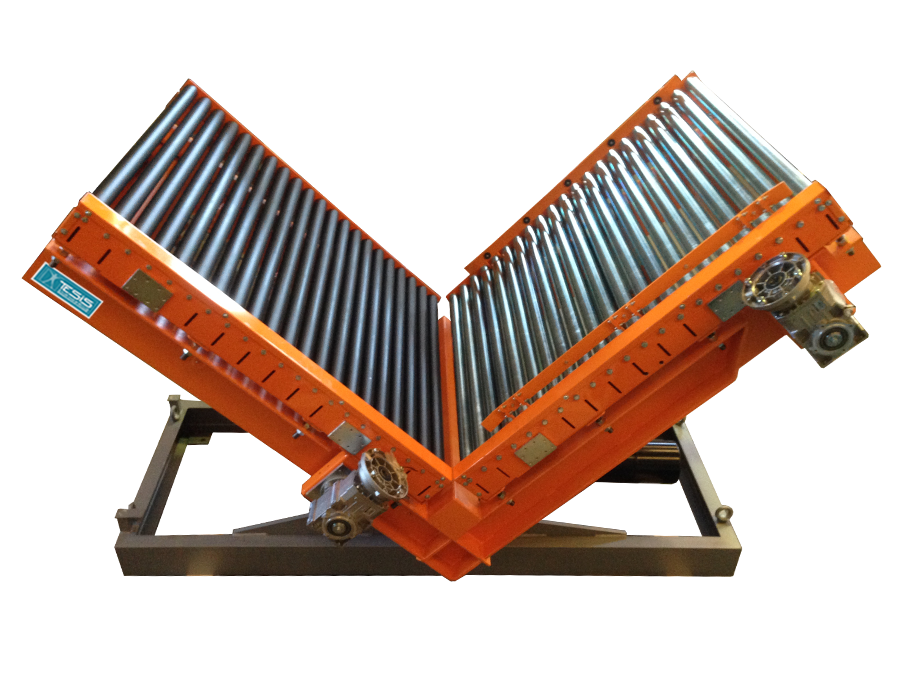 Tilter with double motorized roller conveyor, tipper with motorized roller conveyor, roller conveyor upender, tilting motorized roller conveyor