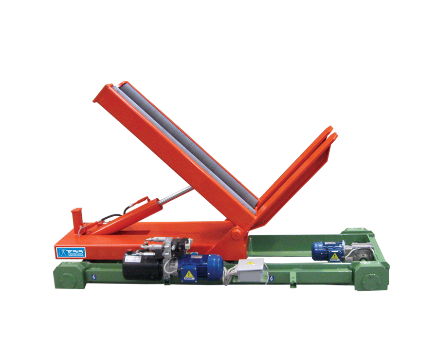 Self-propelled tilt and lift upender with motorized roller table and tipping forks, coil lift and tilt table, coil transfer car with tilting roller table, coil handling equipment, coil tilter
