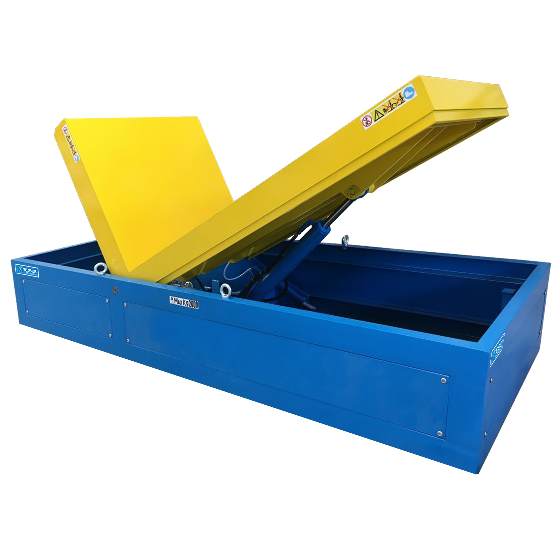 90° hydraulic tipper with flat platforms, tiltables, upenders, tippers, load positioners, pallet positioners