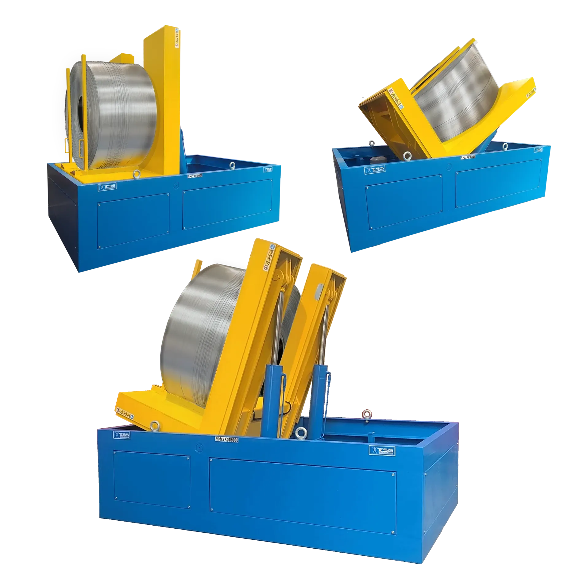 Ribaltatore per movimentazione coil e bobine con piano a culla e aste di fermo, ribaltatori idraulici industriali