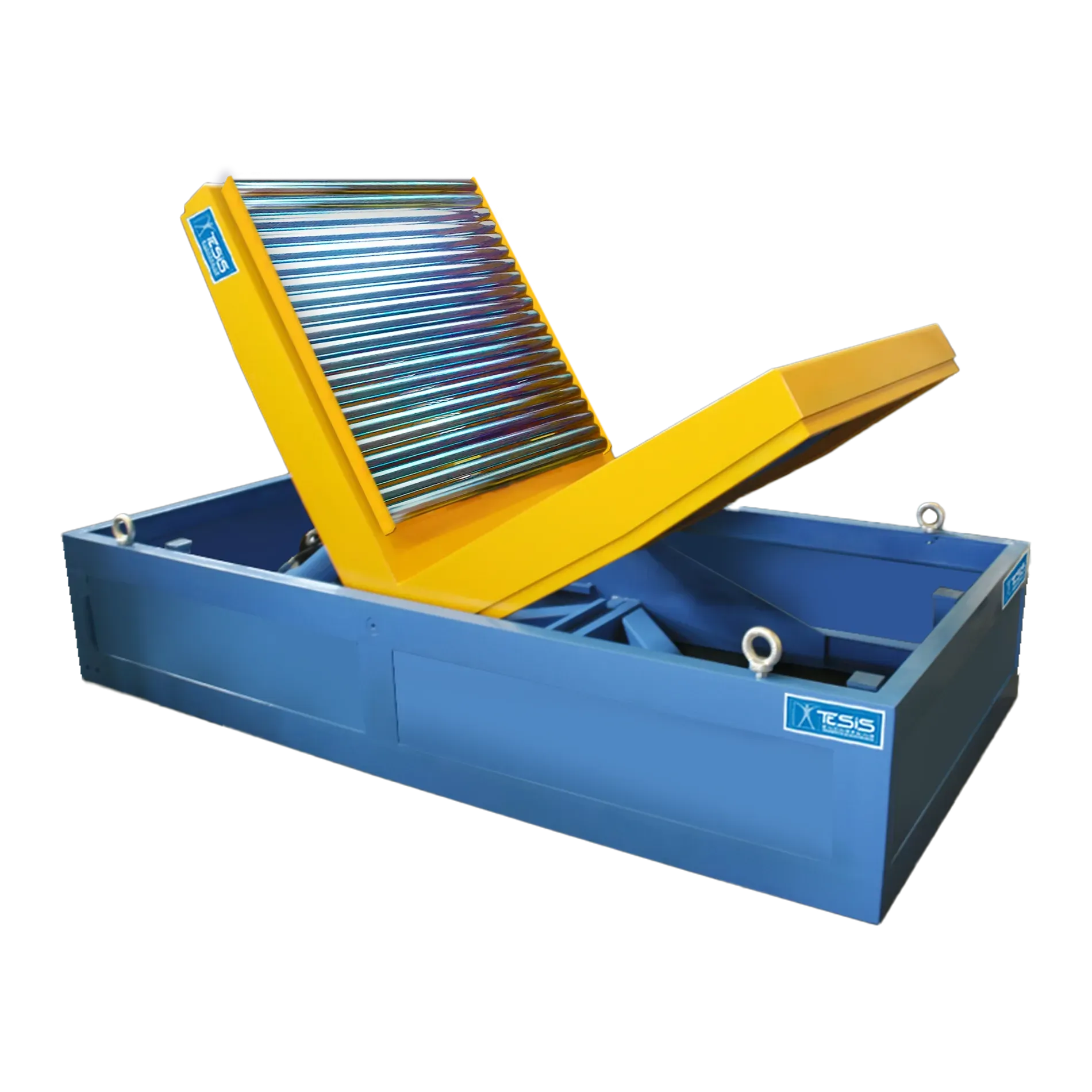 Ribaltatore idraulico con rulli folli, ribaltatori industriali, conveyor a rulli, rulliere