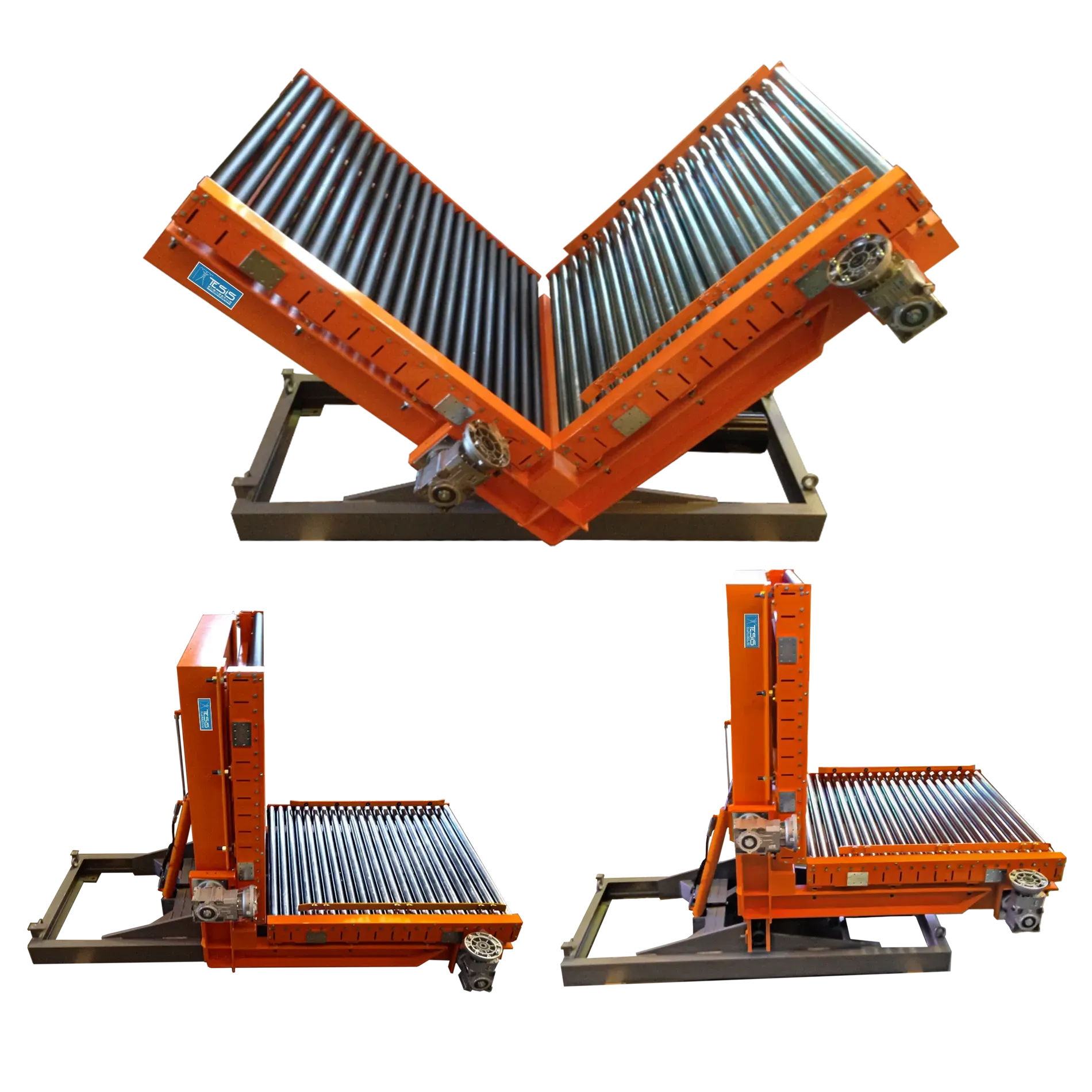 Ribaltatore idraulico con conveyor a rulli motorizzati sollevabili, ribaltatori idraulici industriali, rulliere