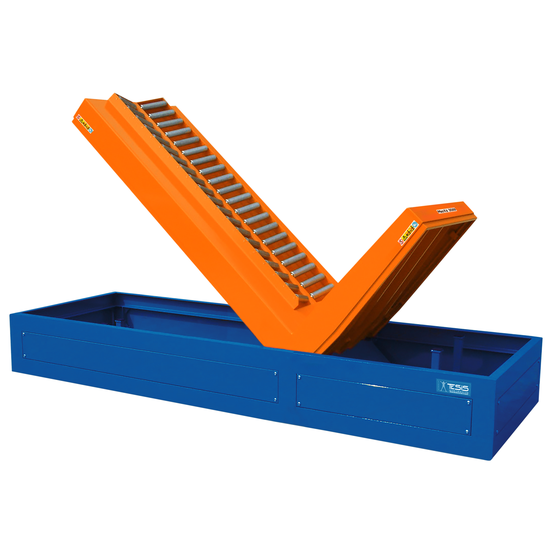 90° hydraulic tipper with V roller conveyor top for rools handling, rolls upender, coil upender, coil tilter, coil handling equipment, conveyor top upender