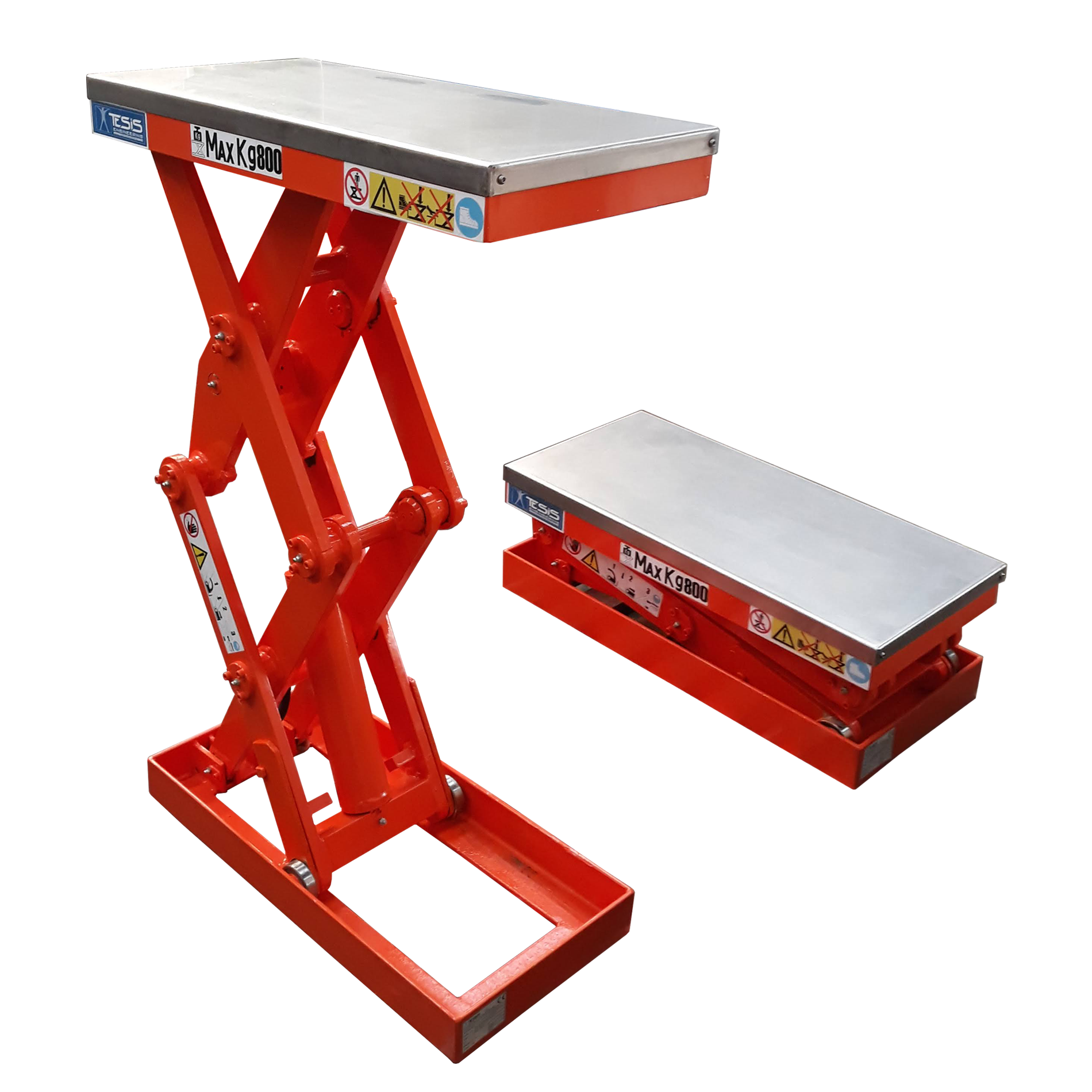 Scissor lift tables with stainless steel top platform, lifting platforms for basket loading and unloading lines, for containers,  baskets loaders unloaders for glass metal and plastic containers, platform lifts for packaging transfer lines 