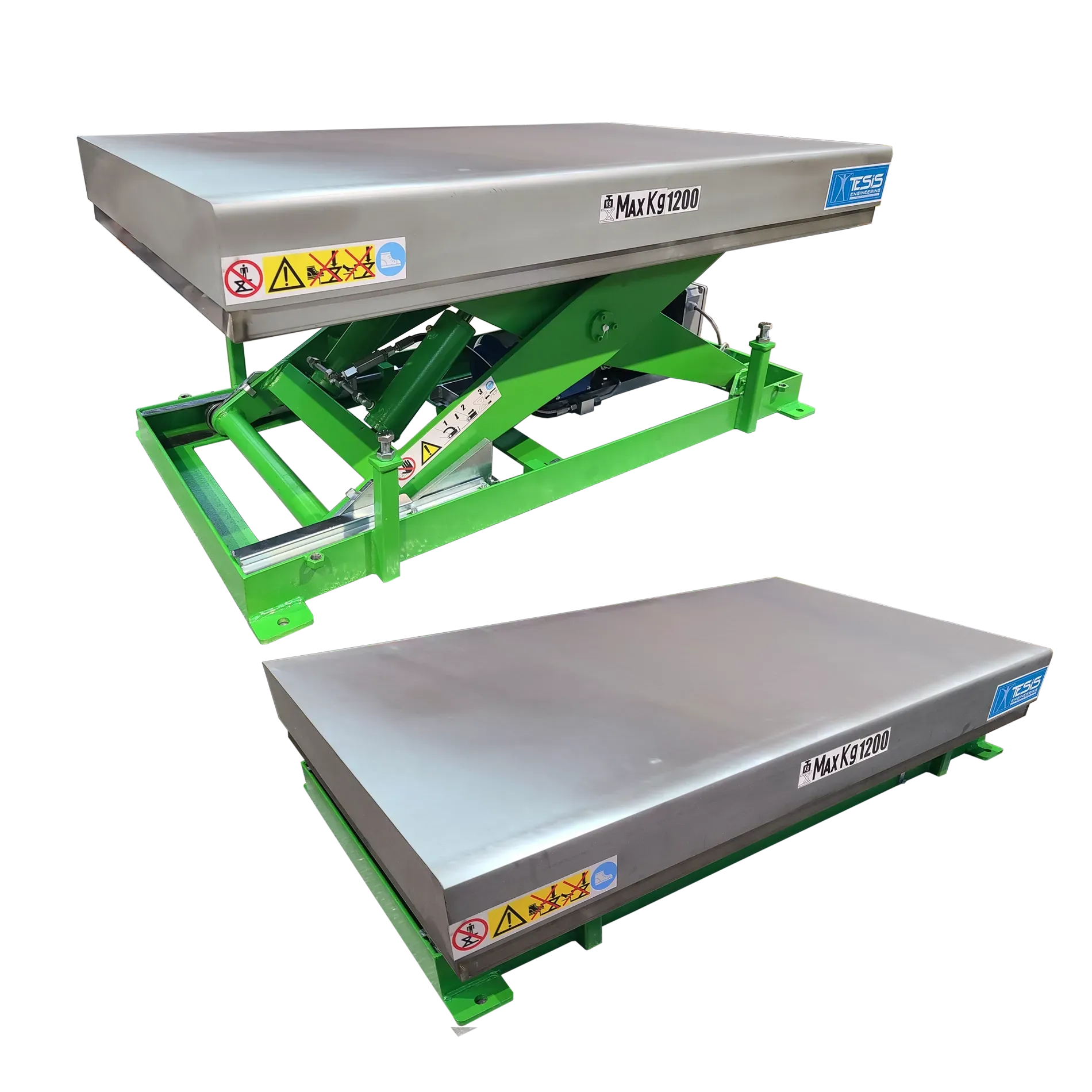 Tavola elevatrice a pantografo con piattaforma di carico in acciaio inox per linea di confezionamento ortofrutticola | Tesis