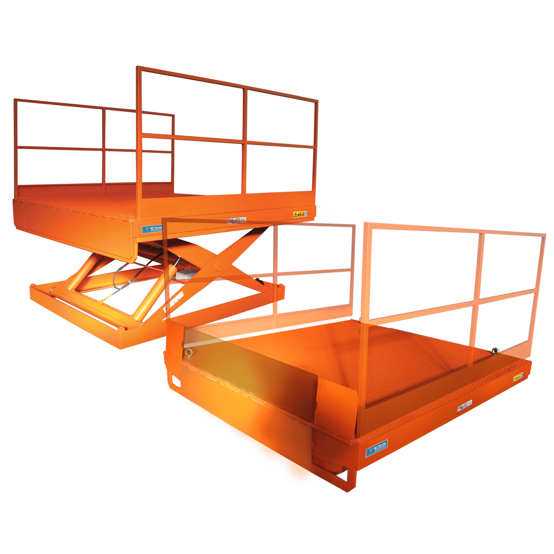 Piattaforma di sollevamento per carico e scarico camion con sponda di raccordo mobile manuale  e parapetti aspotabili, tavole elevatrici per carico automezzi