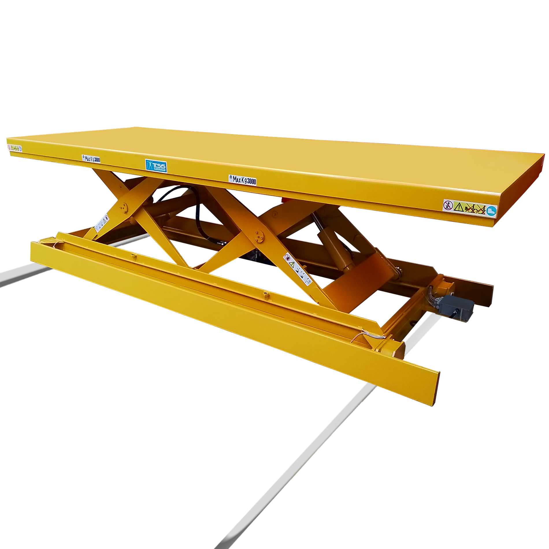 Self-propelled tandem lift table, mobile lift table with powered traverse, powered side traverse  platform lifts, powered traverse lift tables, tandem lift tables, rail-guided mobile lift tables, tandem scissor lifting platforms