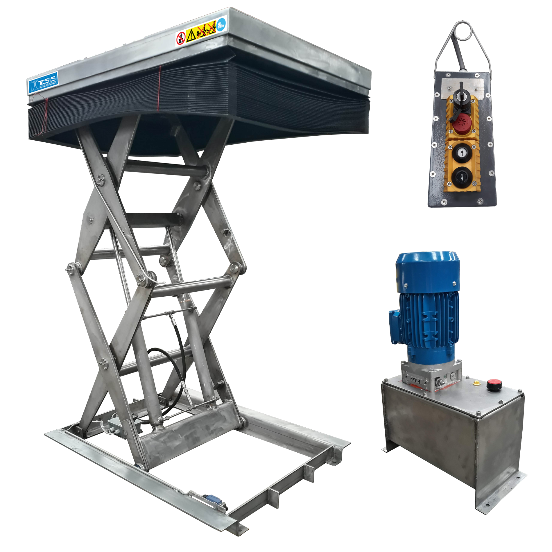 Stainless steel lift tables, double  scissor lifts, lift table with bellow guarding and ATEX pushbutton panel, platform lifts for special environments, stainless steel platform lifts, lift tables with bellow skirting