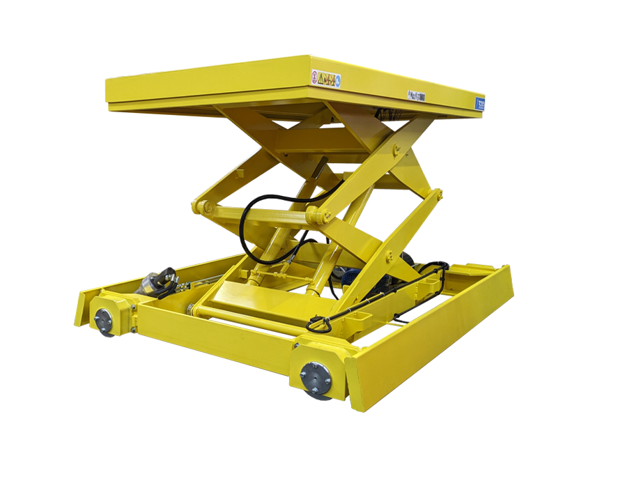 Powered traverse lift table, self-propelled lift tables, self-propelled scissor lift, powered mobile scissor lift, scissor transfer car