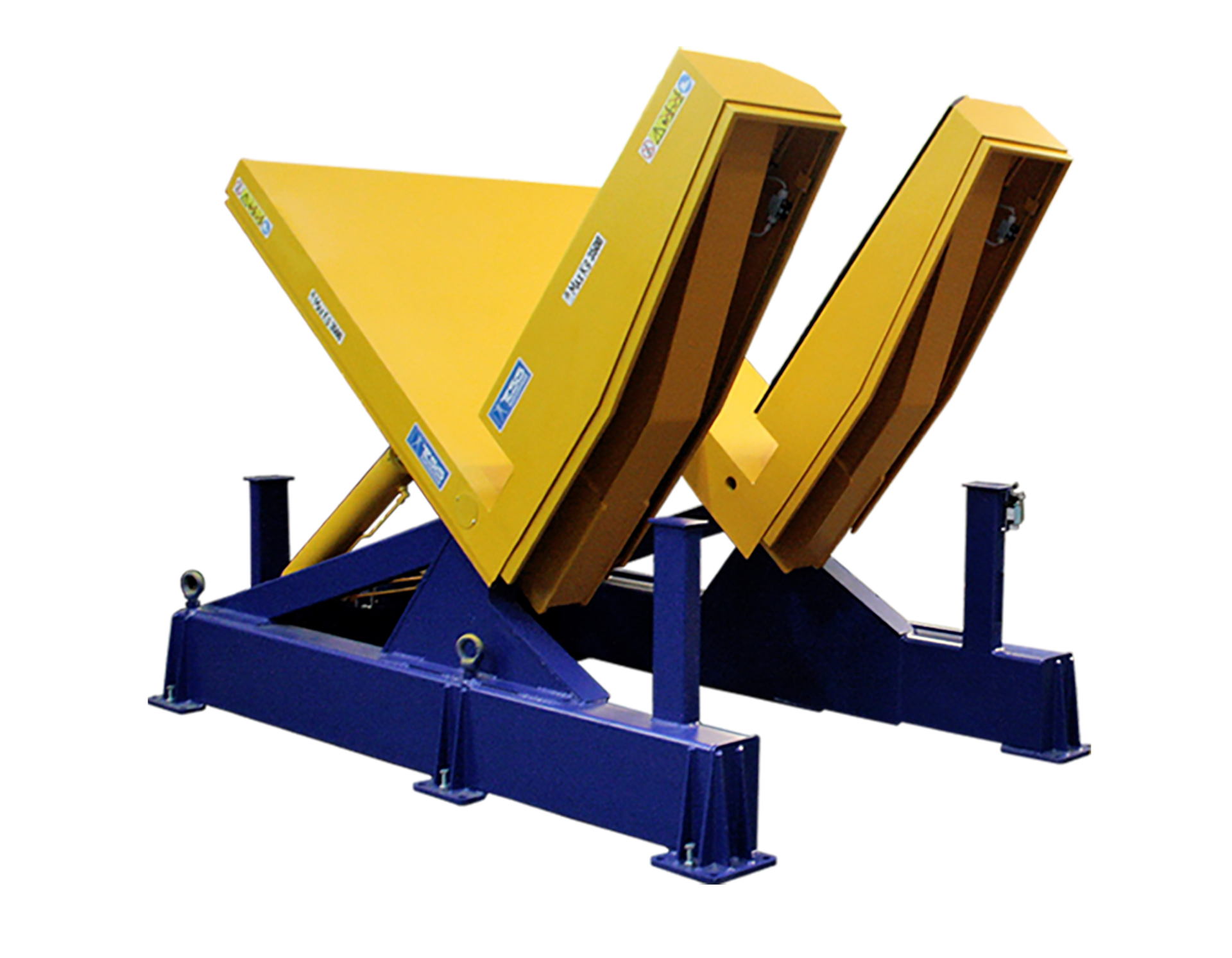Coils tilter at 90° with U-shaped loading surface for coupling the coil transfer carriage and unloading surface designed for pallet housing, coil upender, palletizing coil tipper