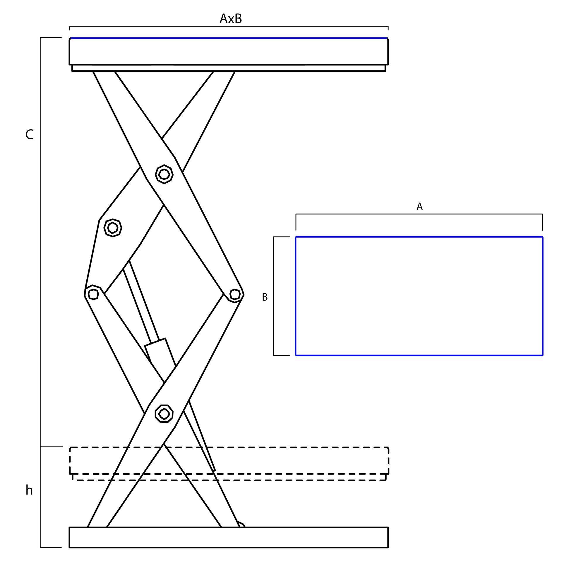 Double scissor lift table dimensional scheme