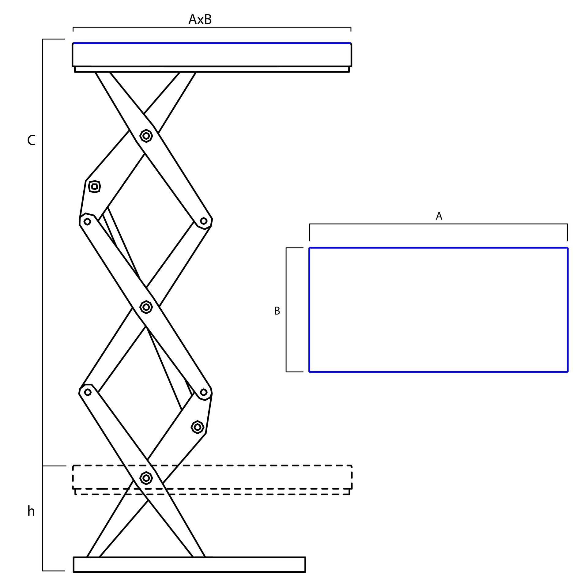 Triple scissor lift table dimensional scheme