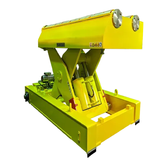 Coil transfer lift table with motorized rollers, self-propelled heavy duty scissor lift table with motorized rollers, coil car, coil transfer cart, coil handling, coil lifting equipment, reel handling, reel lifting