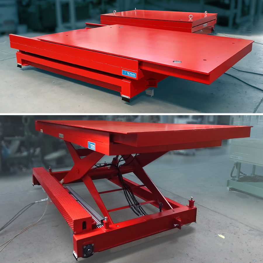 Lifting platform with sliding top, lift table with sliding platform, scissor lift with powered shifting top