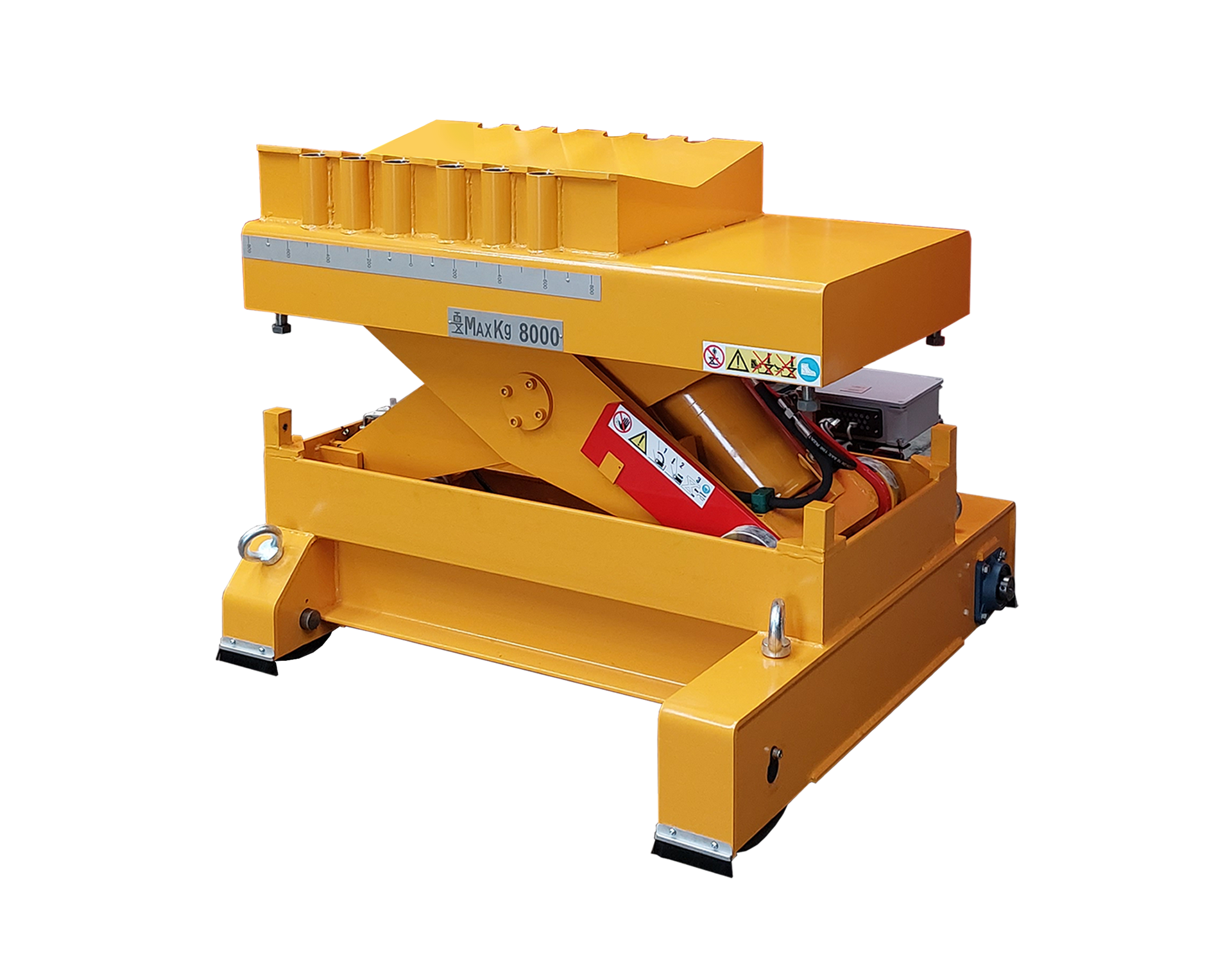 Lift table with cradle V top, Lifting platform for coil handling and side motorized propulsion, Coil car with adjustable holds for coils of various sizes