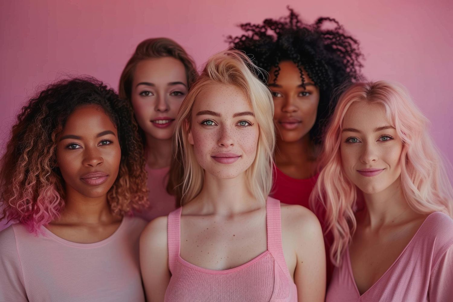 A group of women standing next to each other on a pink background.