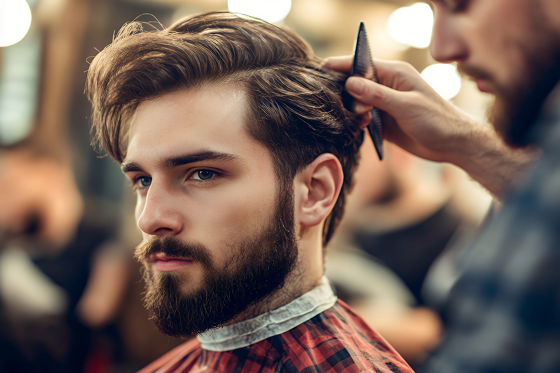 A man with a beard is getting his hair cut by a barber in a barber shop.