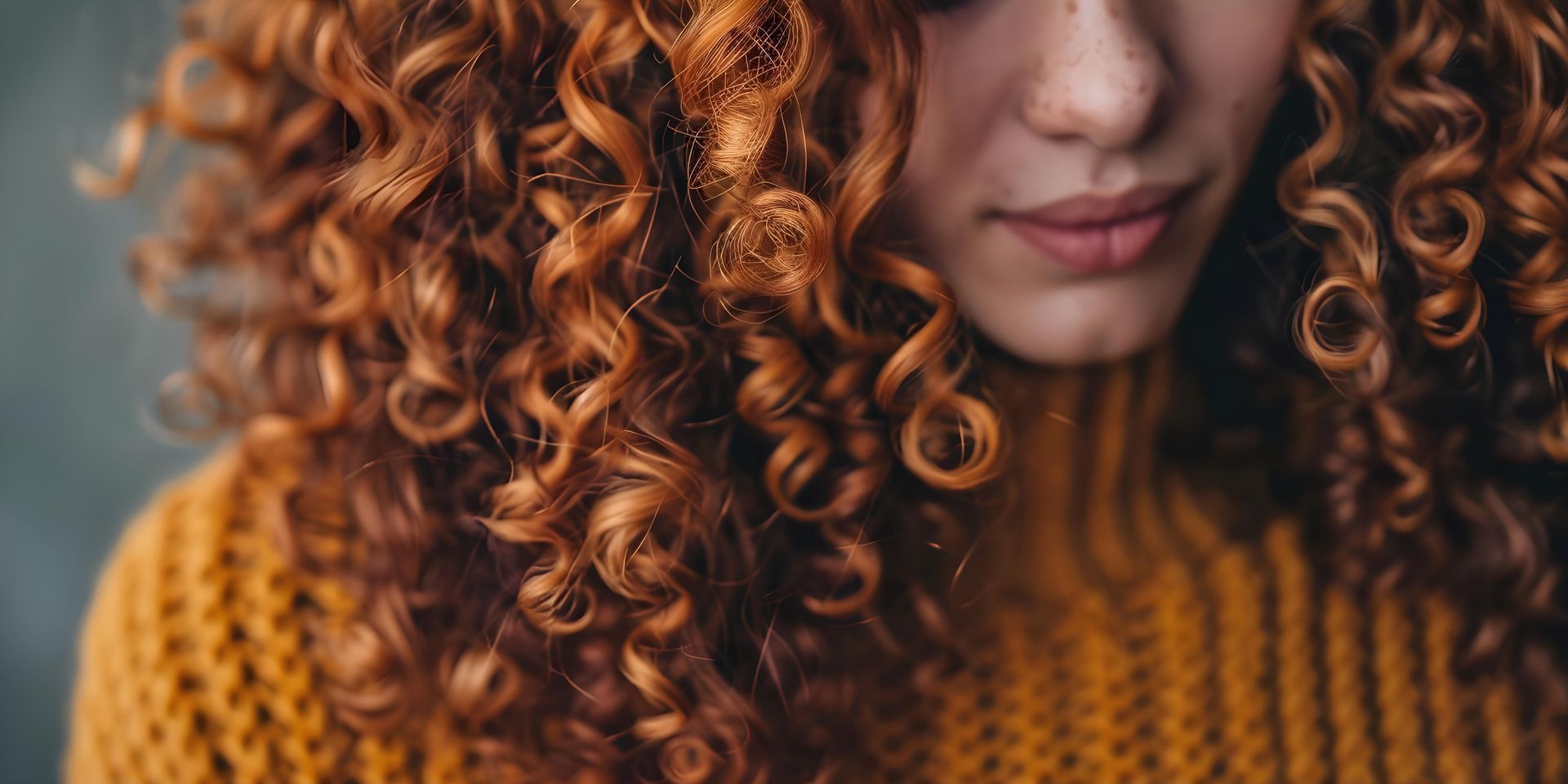 A close up of a woman with curly red hair wearing a yellow sweater.