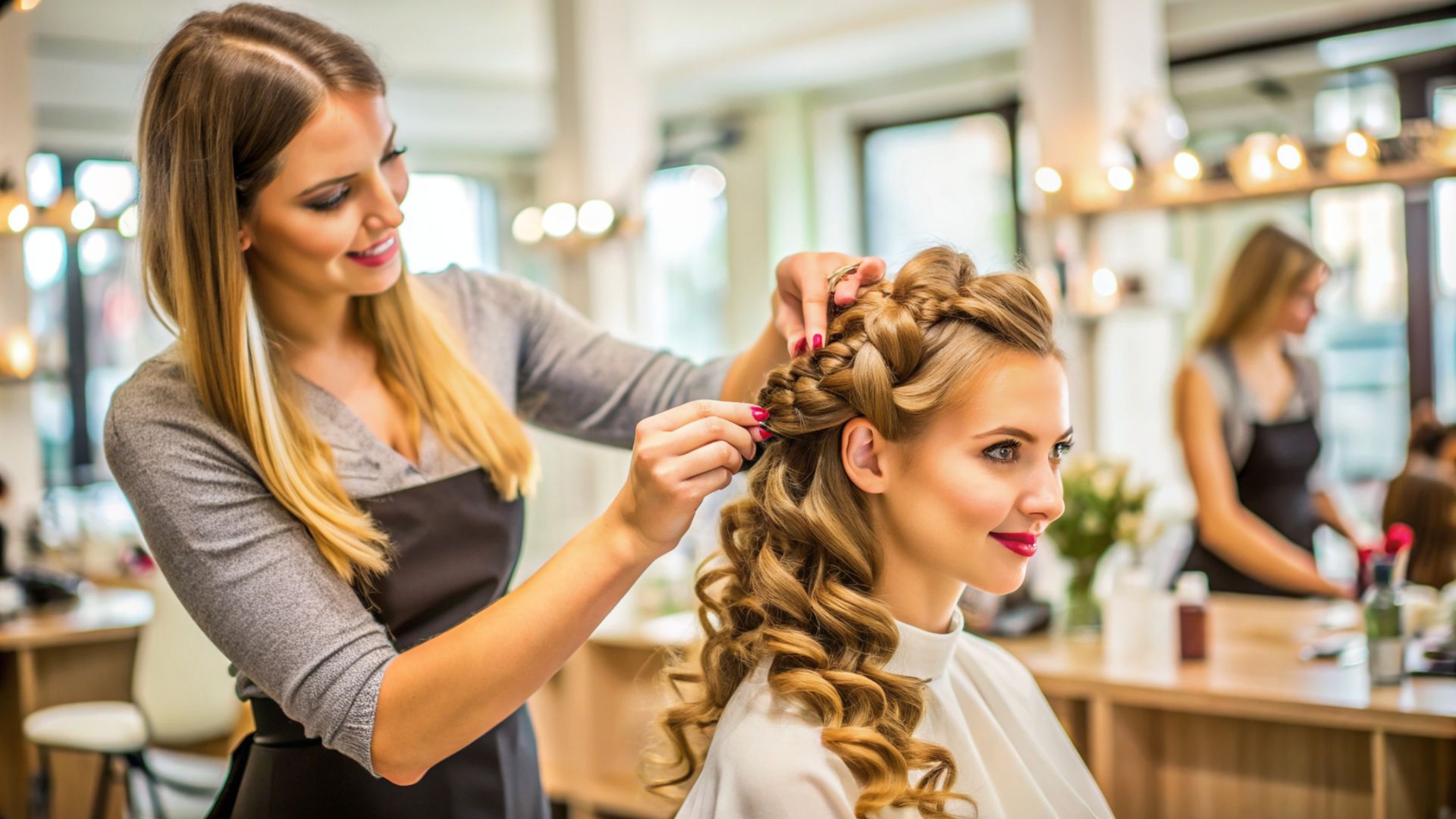 A woman is getting her hair done by a hairdresser in a salon.