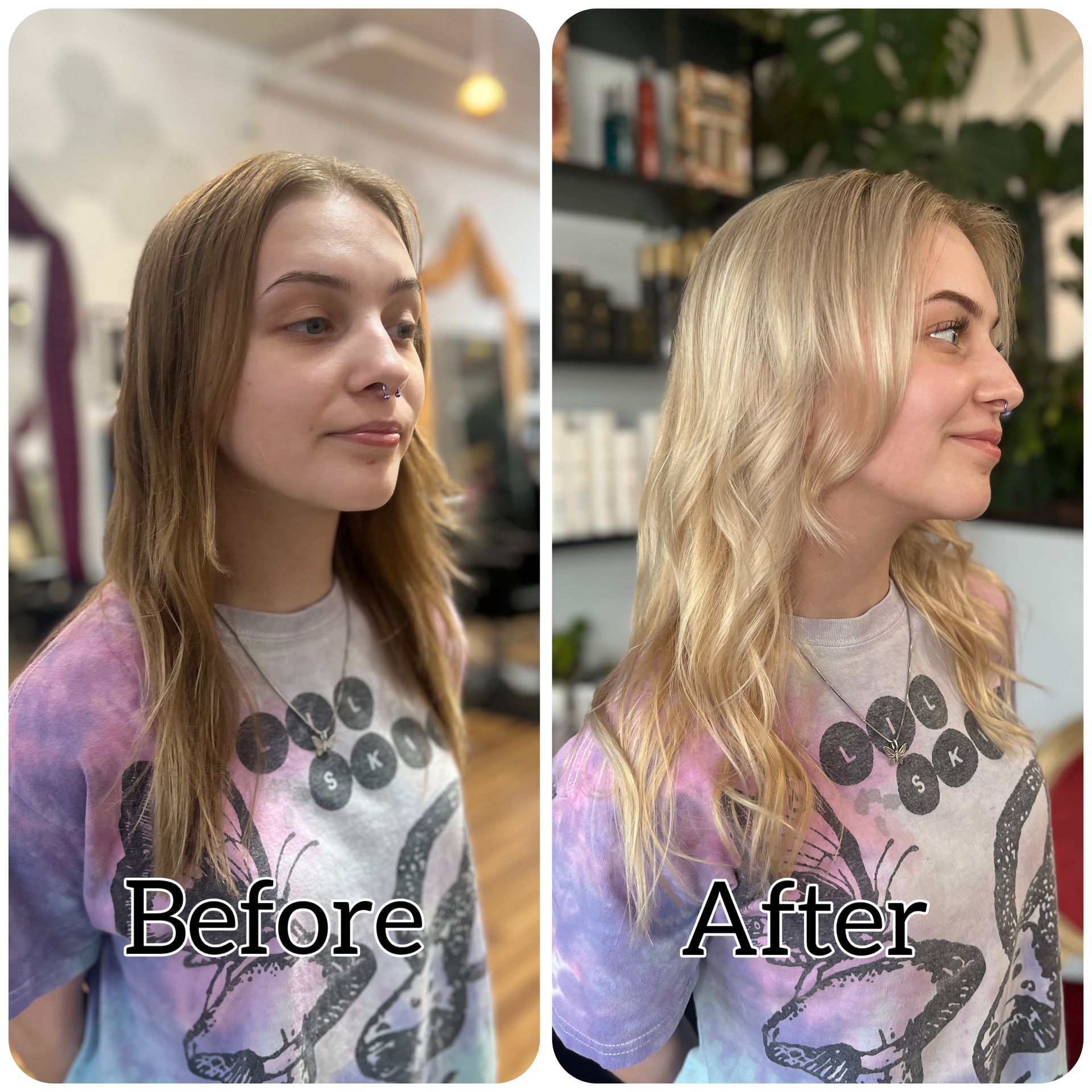 A before and after photo of a woman 's hair in a salon.